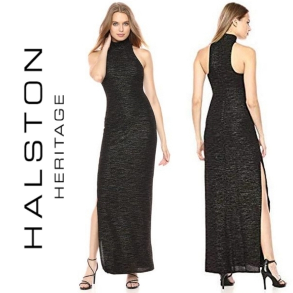 halston heritage metallic knit evening gown